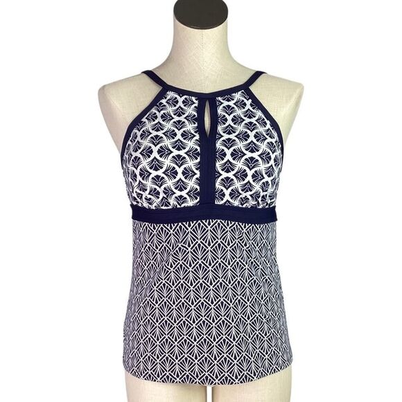 Lands End Swim Tankini Top Womens 8 Blue White Geometric Keyhole High Neck - Picture 1 of 7